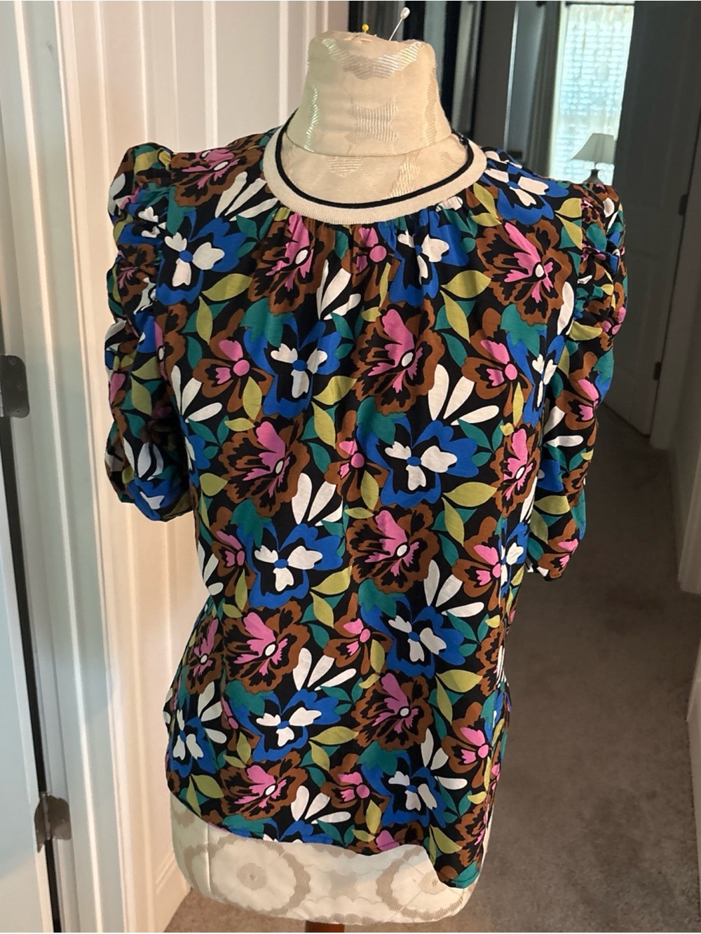 THML Floral Puff-Sleeve Top in Blue, Pink, Green, Brown